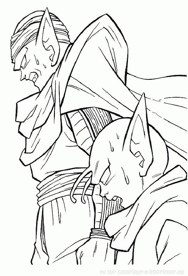 Coloriage de Goku en pleine action avec son bâton dans un décor de combat