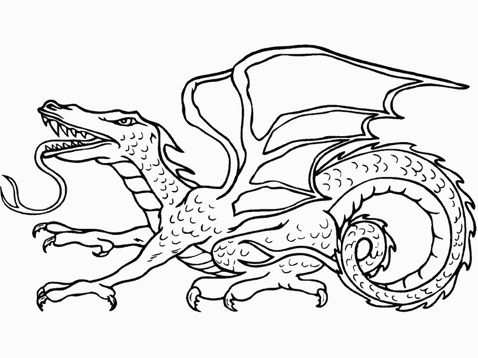 Coloriage d'un dragon majestueux sur fond de montagnes