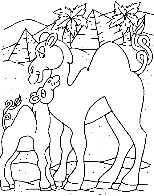 Coloriage d'un dromadaire dans un décor désertique