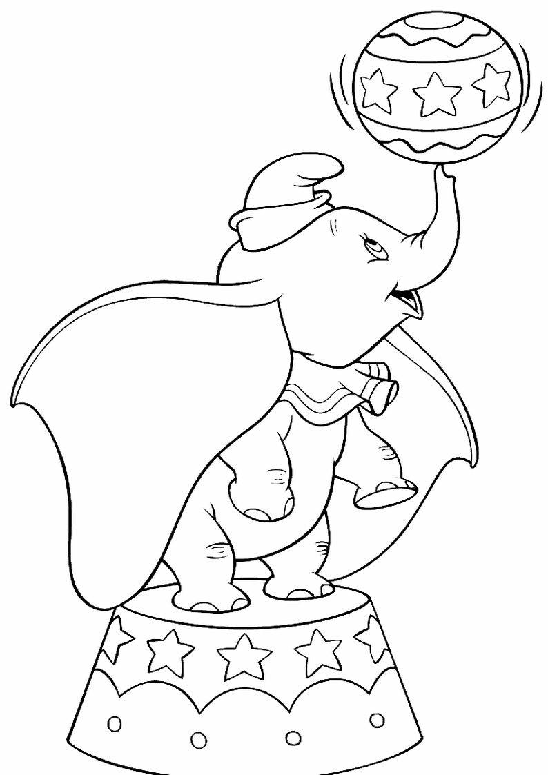 Coloriage de Dumbo, l'éléphant aux grandes oreilles, se préparant à voler
