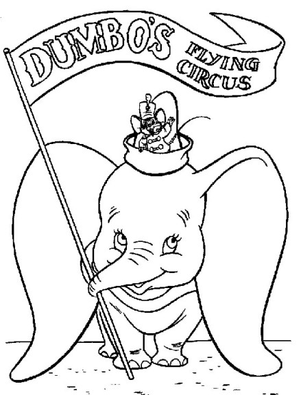 Dumbo en plein vol sur fond de nuages