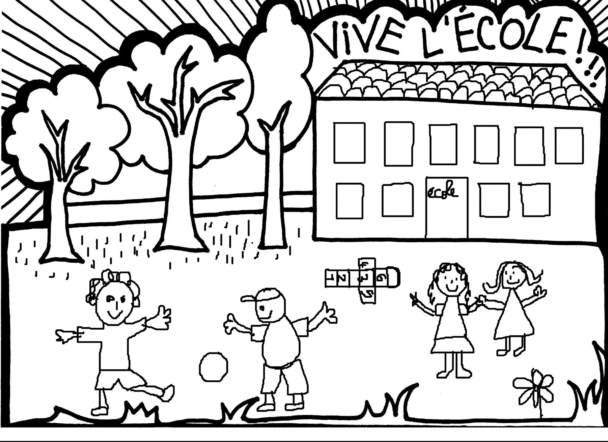 Enfants en classe avec leurs fournitures scolaires et un tableau