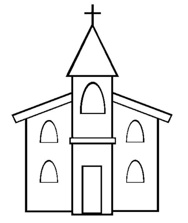 Coloriage d'une église avec un paysage environnant