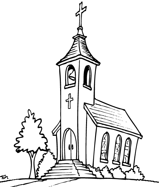 Coloriage d'une église avec un paysage et des arbres environnants