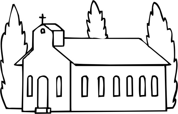 Coloriage d'une église majestueuse entourée de verdure