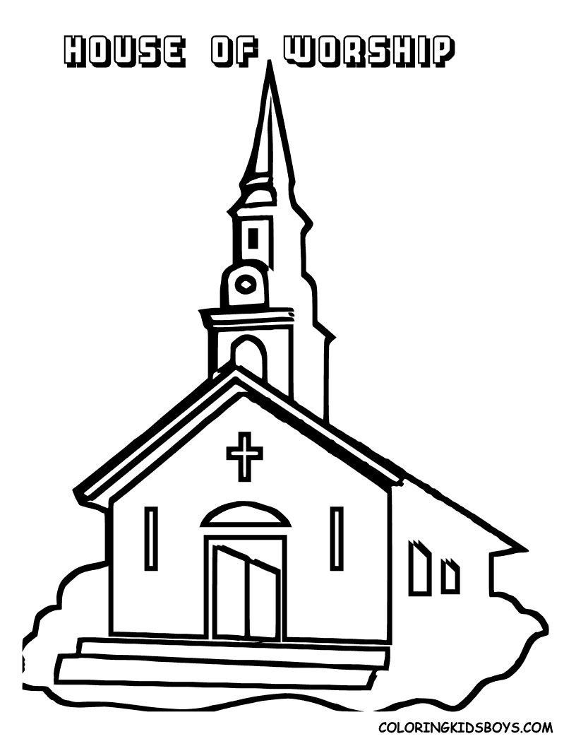 Coloriage d'une église entourée d'arbres et d'un paysage rural