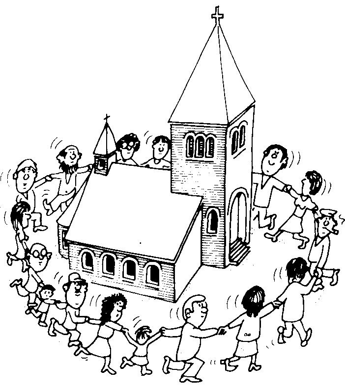 Coloriage d'une église entourée d'un jardin paisible