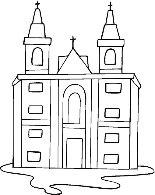 Coloriage d'une église entourée d'arbres et de nuages