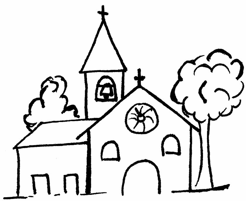 Coloriage d'une église avec un paysage environnant