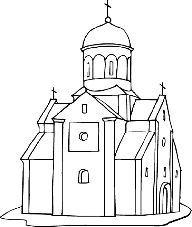 Coloriage d'une église entourée d'arbres et de nuages