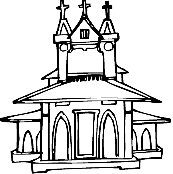 Coloriage d'une église avec un paysage environnant