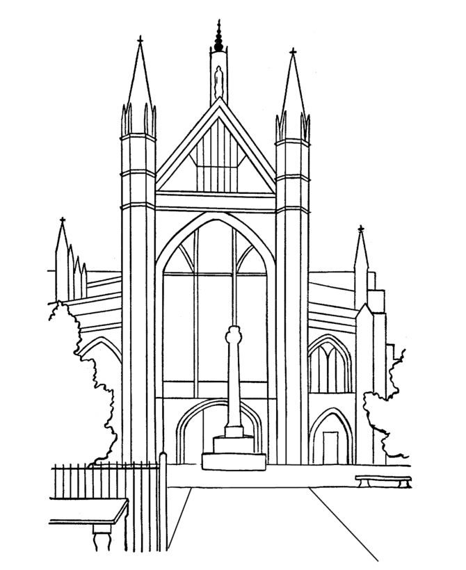 Coloriage d'une église avec un environnement paisible