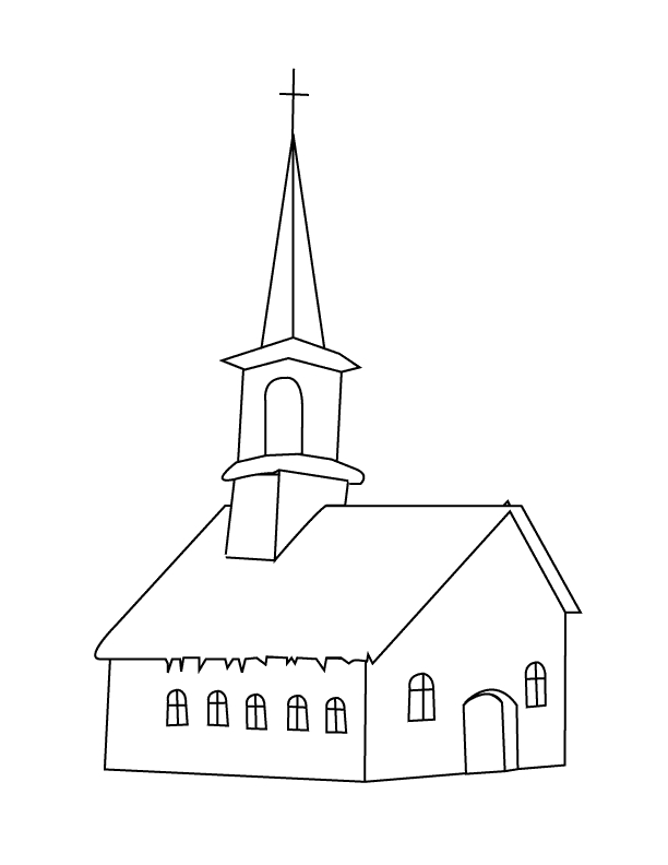 Coloriage d'une église majestueuse entourée d'arbres et de nuages