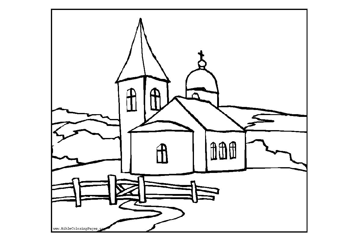 Coloriage d'une église entourée d'arbres et d'un ciel nuageux