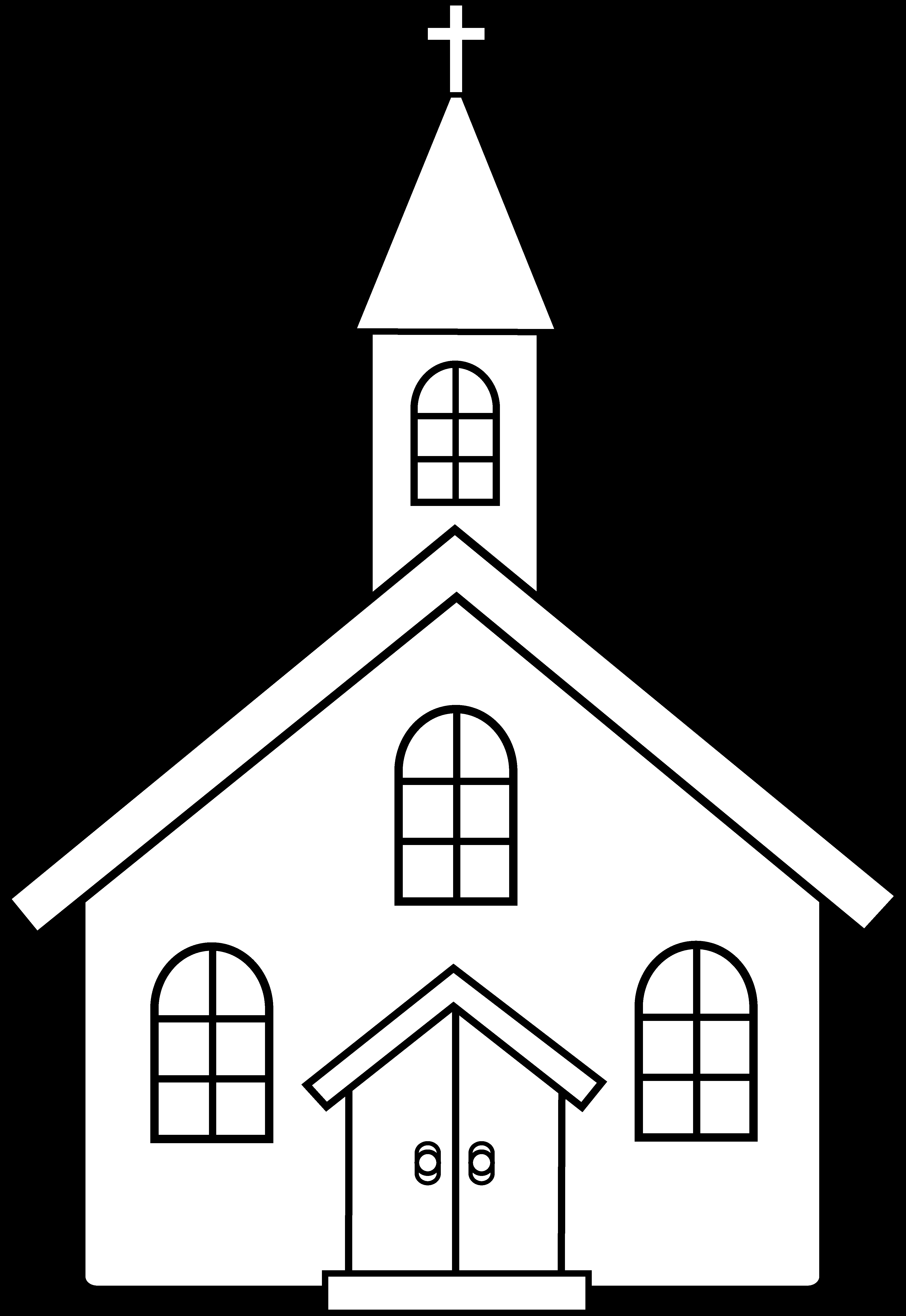 Coloriage d'une église entourée d'arbres et d'un ciel nuageux