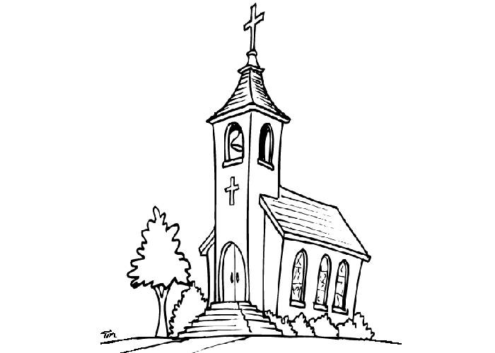 Coloriage d'une église au milieu d'un paysage naturel