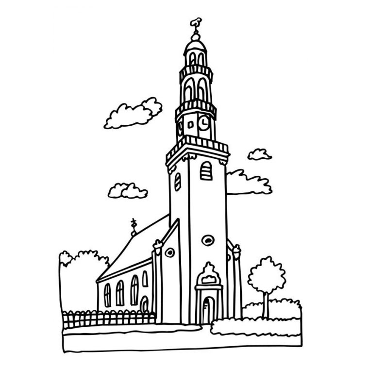 Coloriage d'une église avec son jardin environnant