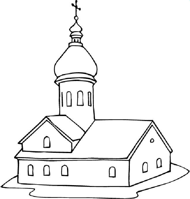 Coloriage d'une église entourée d'arbres et de nuages