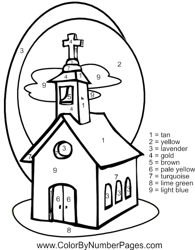 Coloriage d'une église entourée d'un paysage paisible