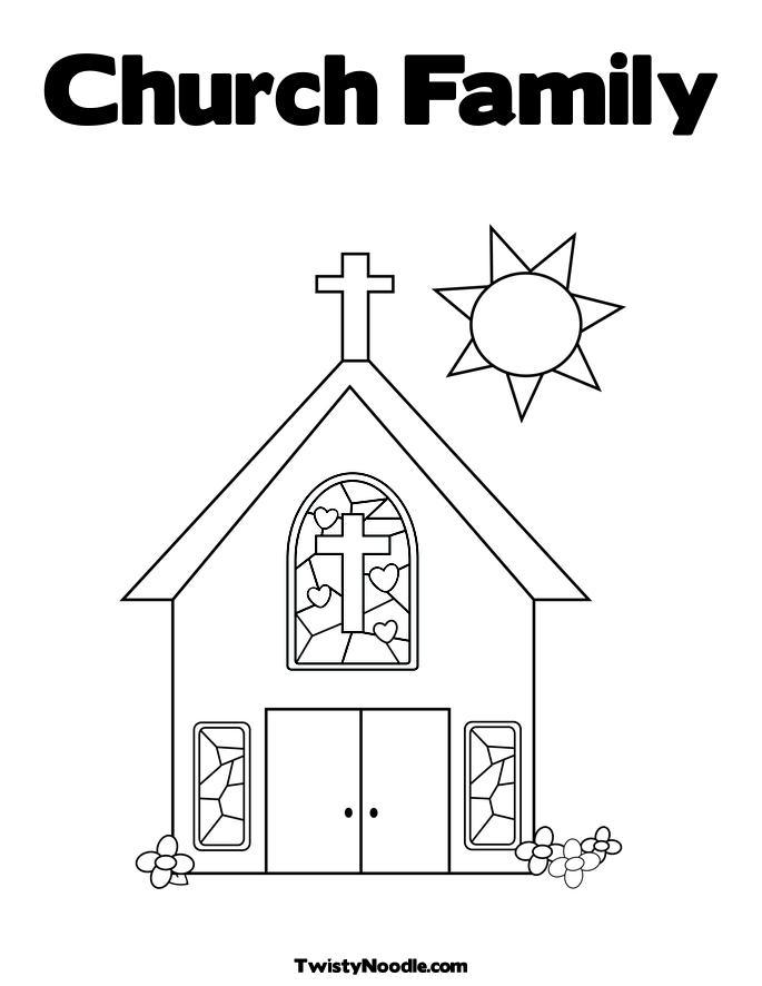 Coloriage d'une église avec son jardin et un ciel dégagé