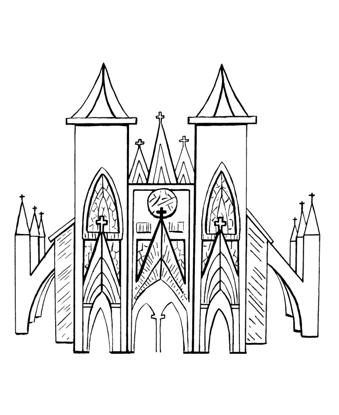 Coloriage d'une église entourée d'arbres et d'un ciel nuageux