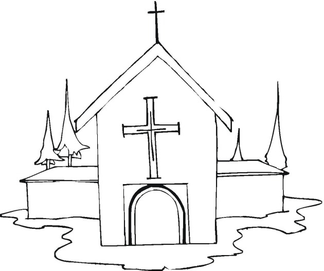 Coloriage d'une église entourée d'arbres et de nuages
