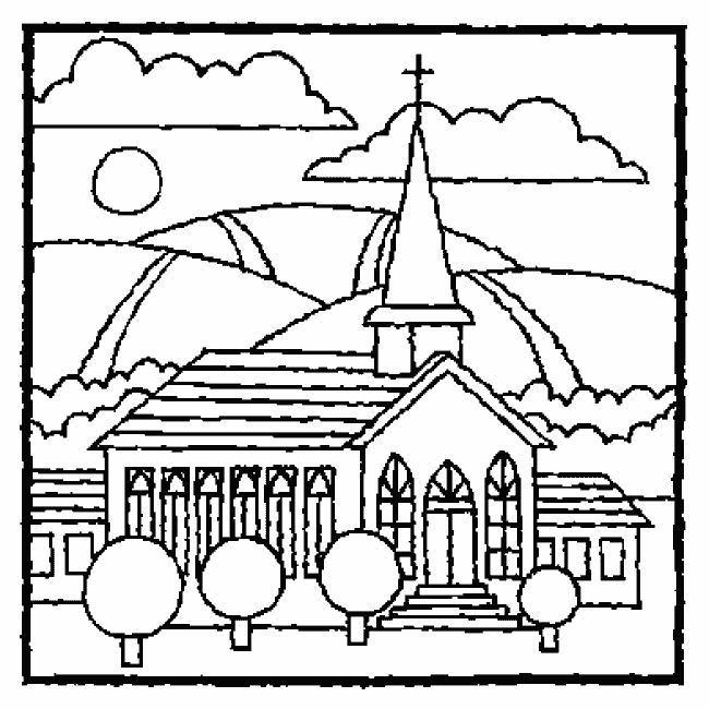 Coloriage d'une église entourée d'arbres