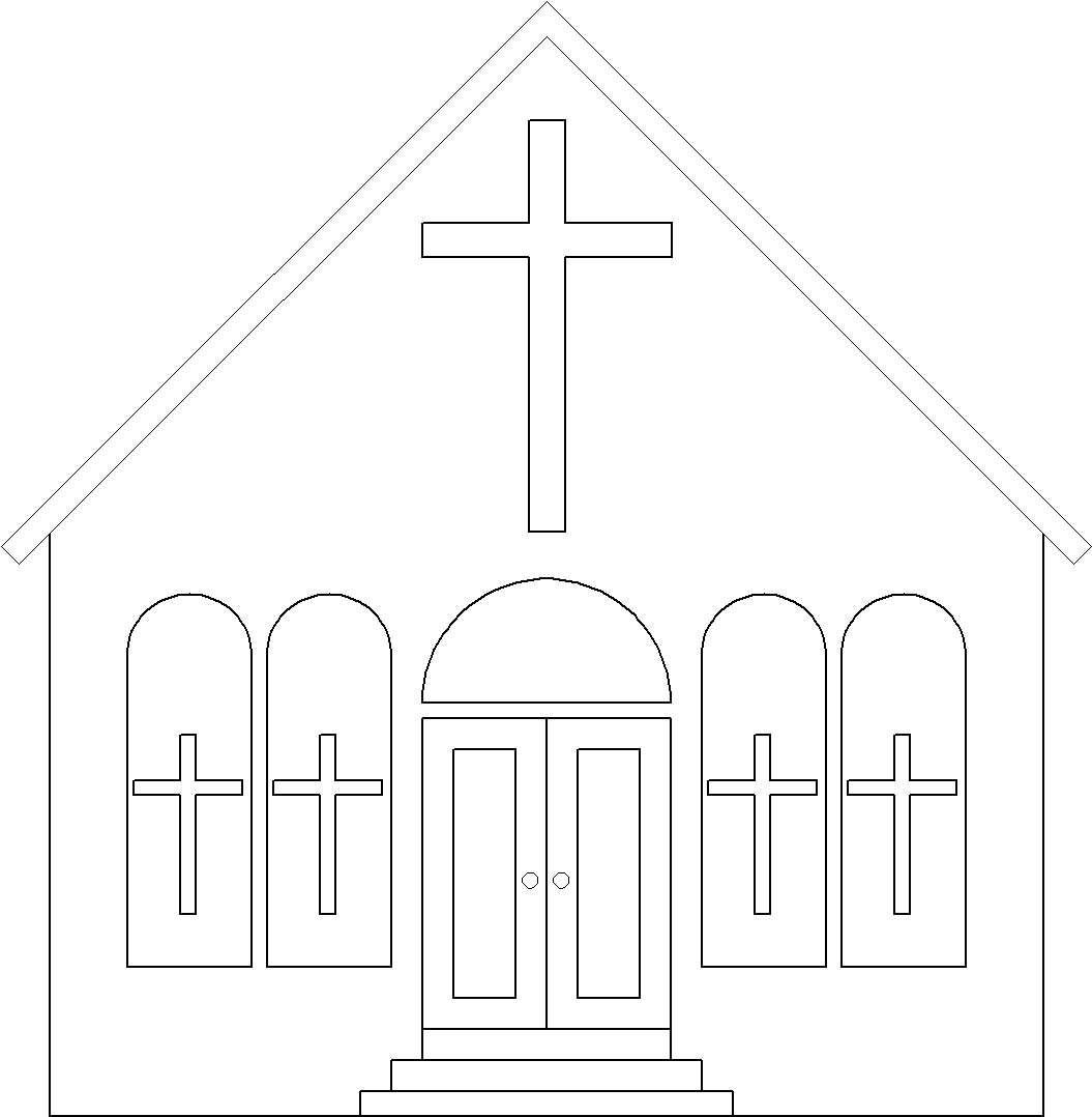 Coloriage d'une église entourée d'arbres et de nuages