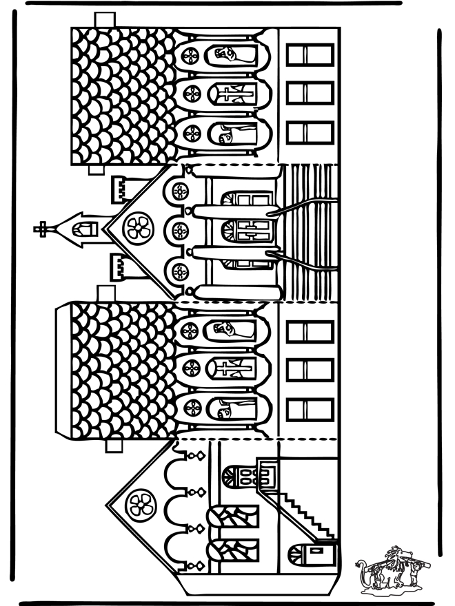 Coloriage d'une église entourée d'arbres et de nuages