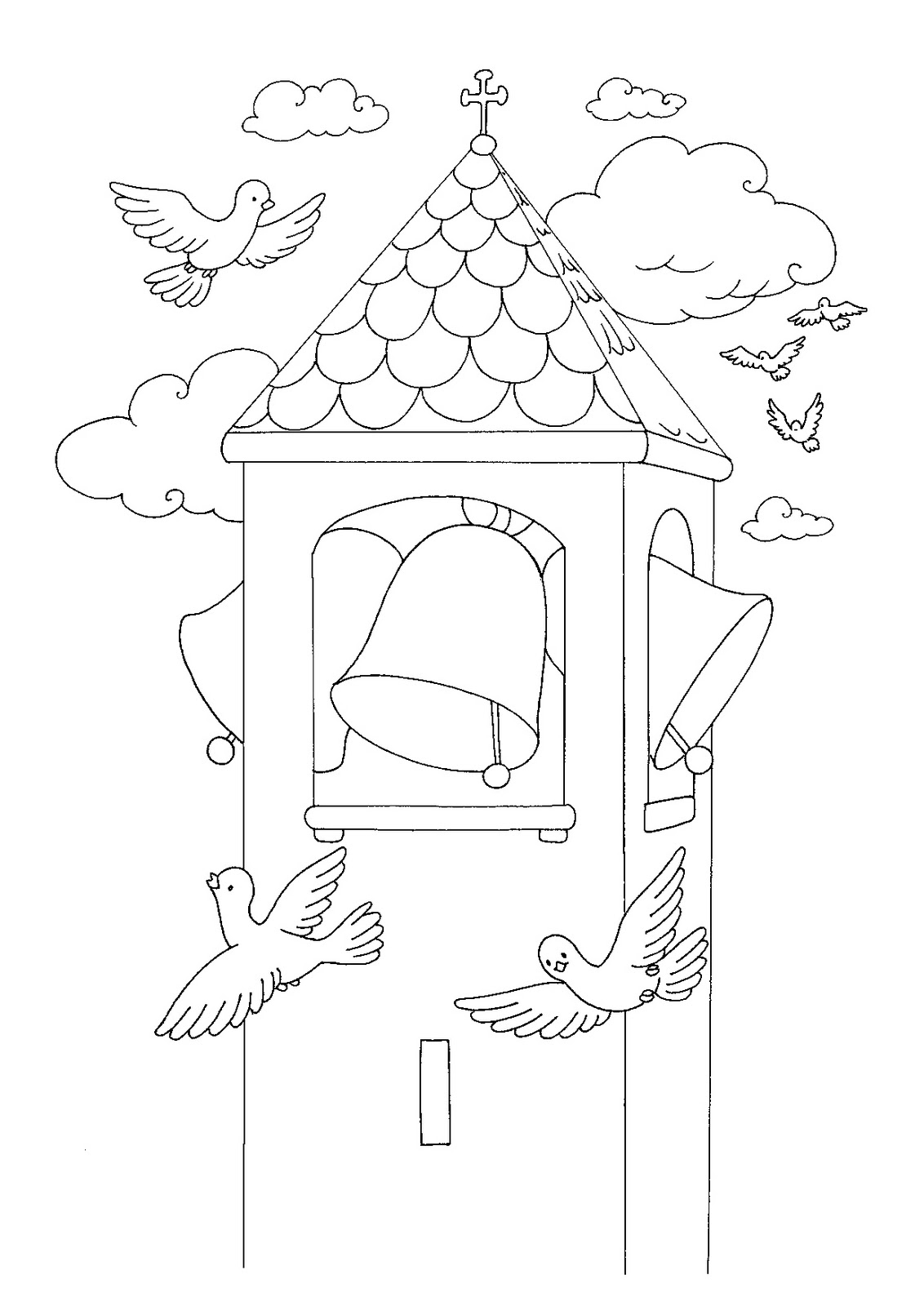 Coloriage d'une église entourée d'arbres et de nuages
