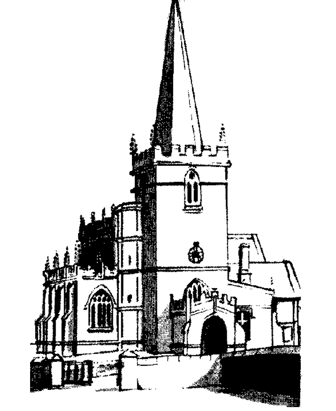 Coloriage d'une église entourée d'arbres et d'un ciel nuageux