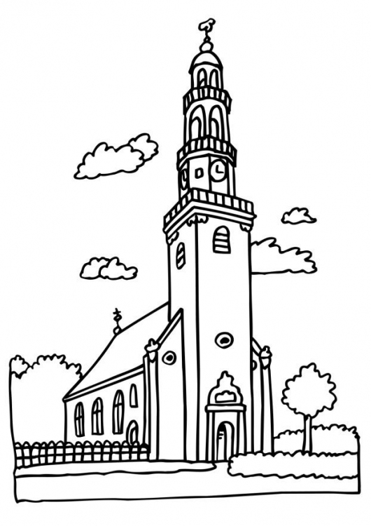 Coloriage d'une église avec un paysage environnant