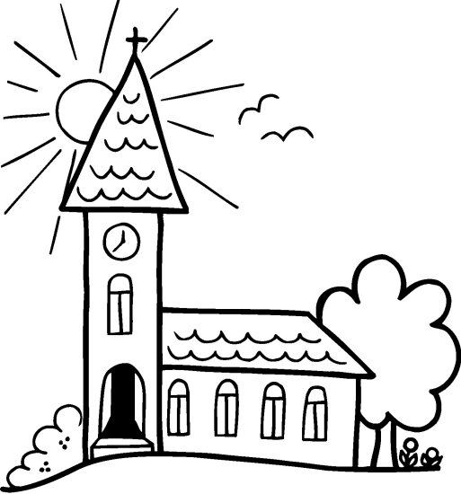 Coloriage d'une église entourée d'arbres et d'un ciel nuageux