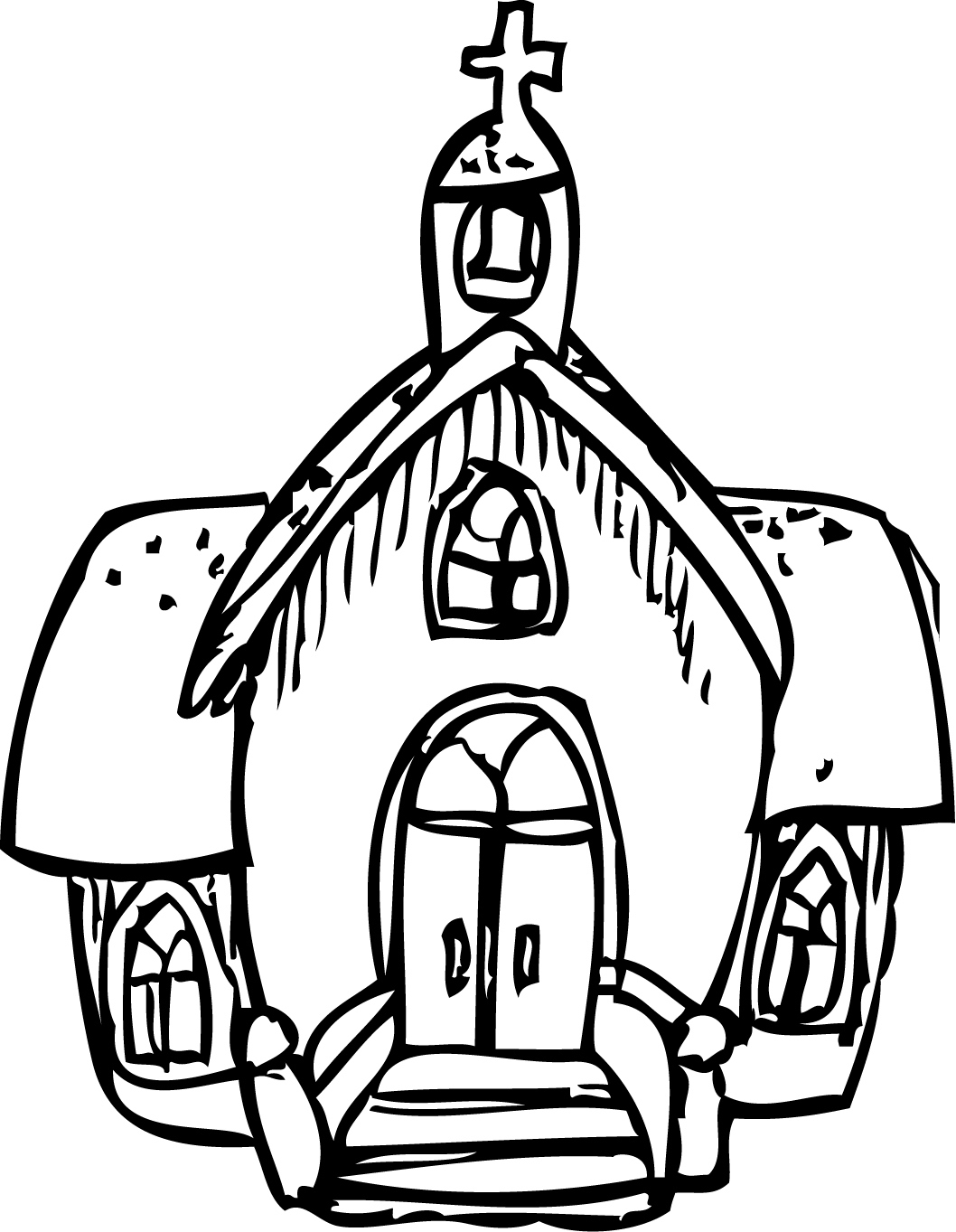 Coloriage d'une église entourée d'arbres et de nuages