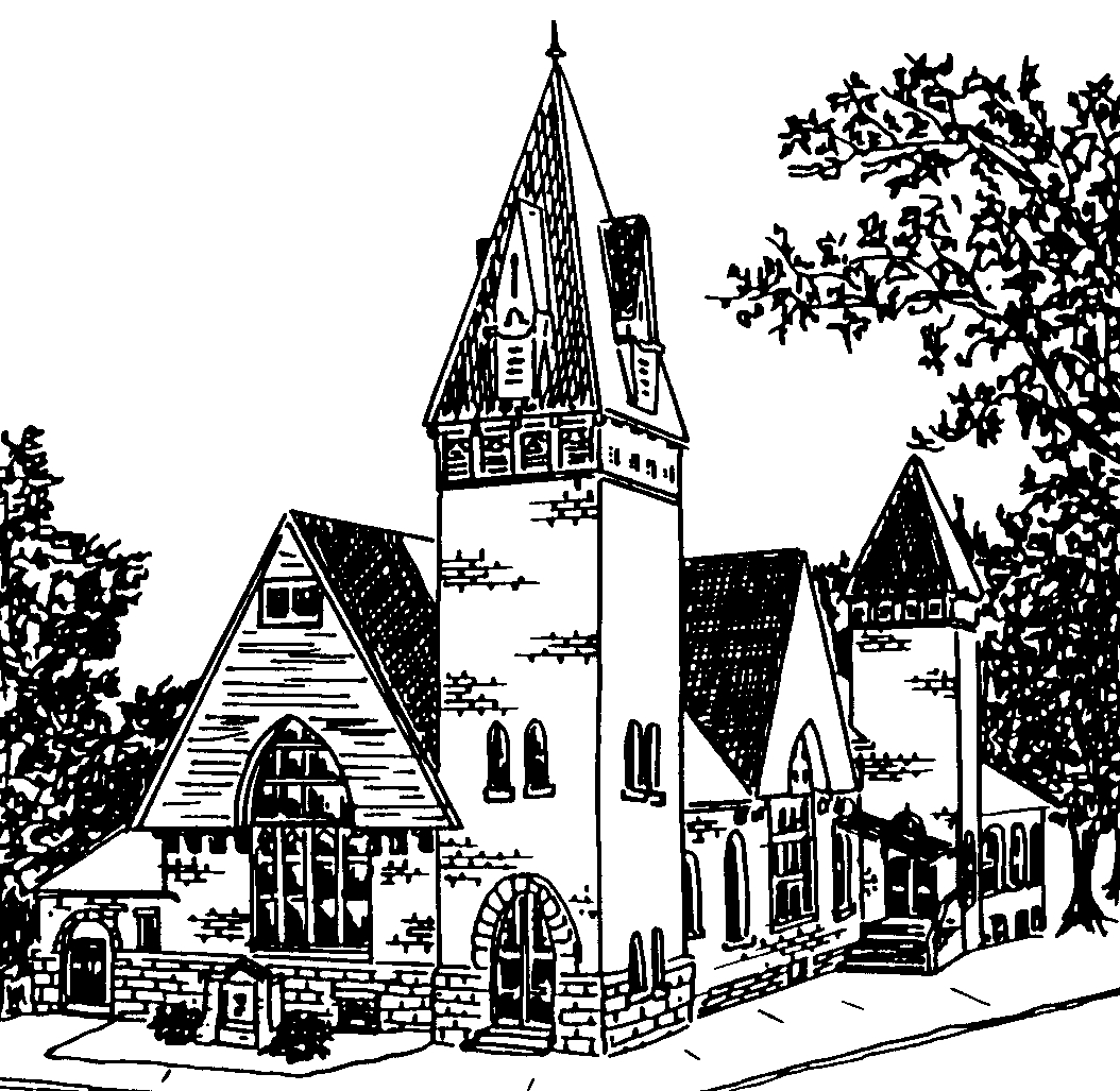 Coloriage d'une église entourée d'arbres et de nuages