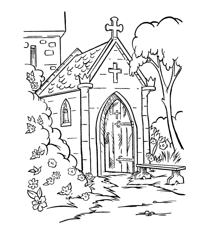 Coloriage d'une église entourée d'arbres et d'un ciel nuageux