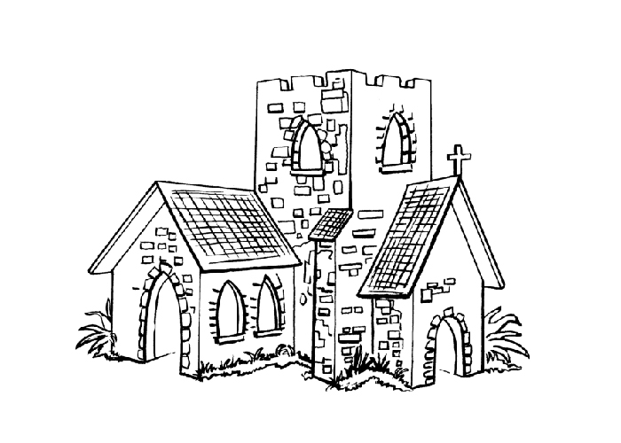 Coloriage d'une église avec son clocher et son environnement