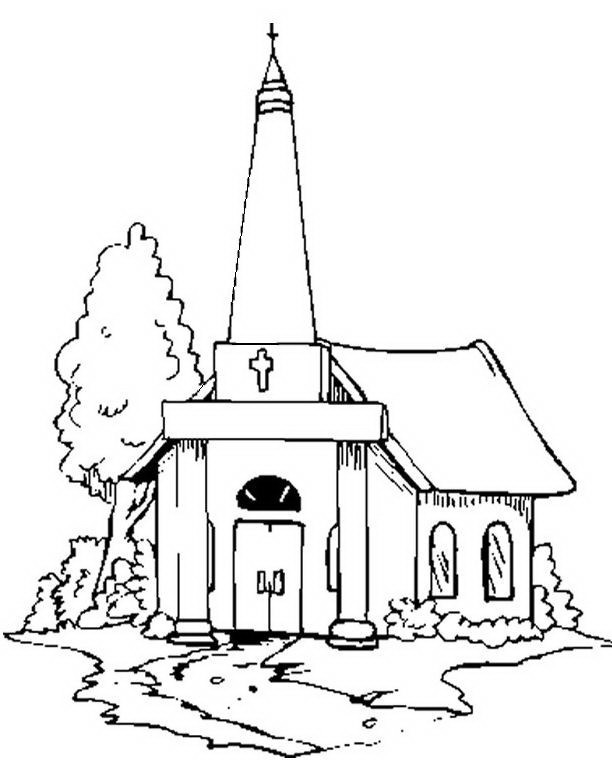Coloriage d'une église avec un paysage environnant