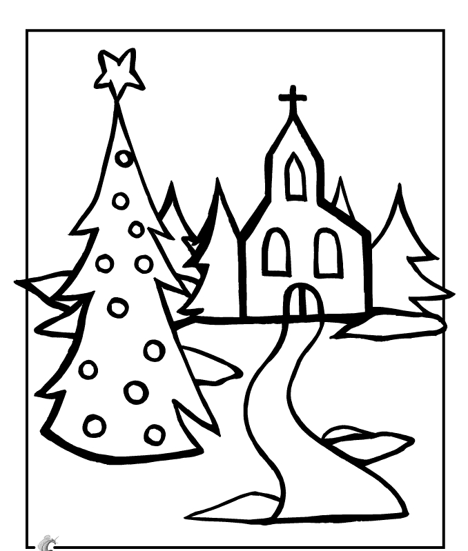 Coloriage d'une église au milieu d'un paysage naturel