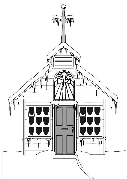 Coloriage d'une église au milieu d'un paysage tranquille