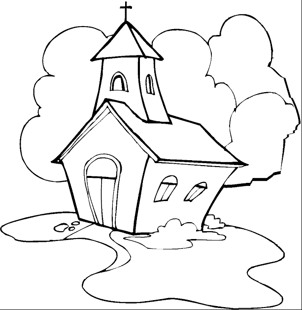Coloriage d'une église dans un paysage paisible