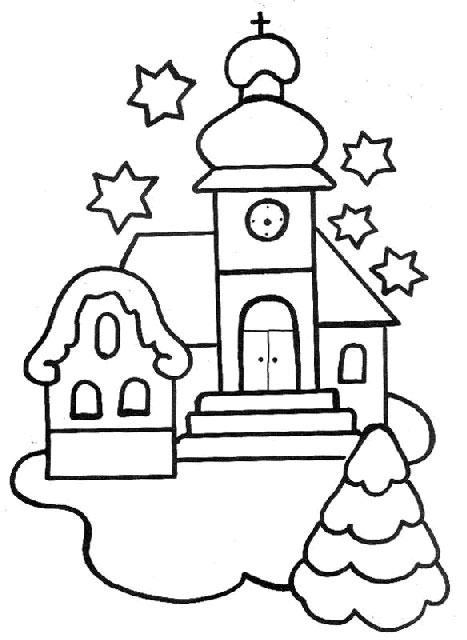 Coloriage d'une église entourée d'arbres et de nuages