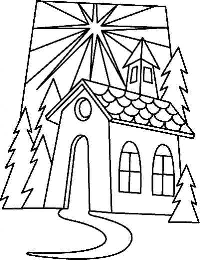 Coloriage d'une église entourée d'arbres et de nuages