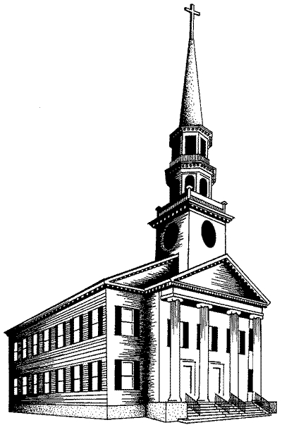 Coloriage d'une église entourée d'arbres et de nuages