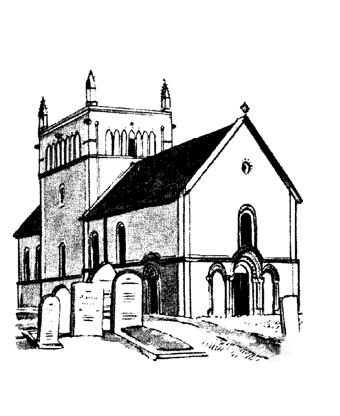 Coloriage d'une église avec une vue sur un paysage environnant