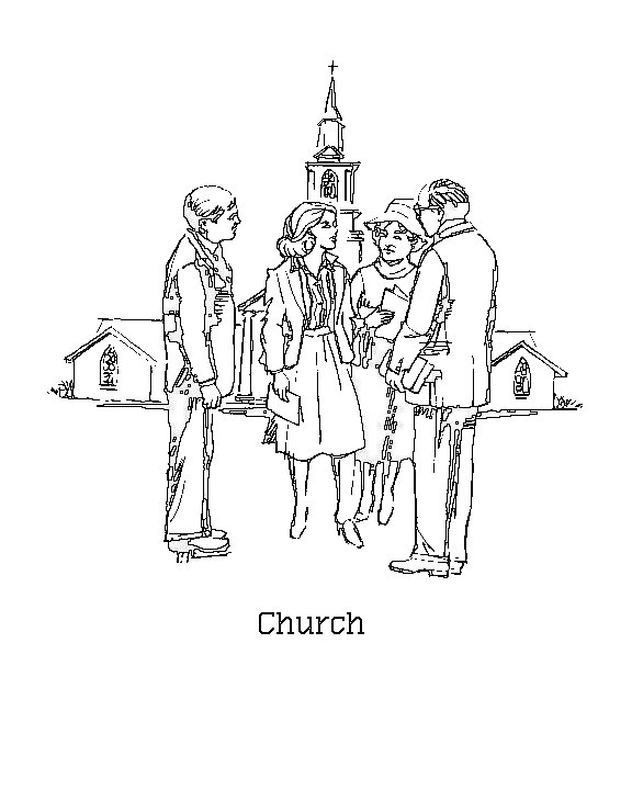 Coloriage d'une église entourée d'arbres et de nuages