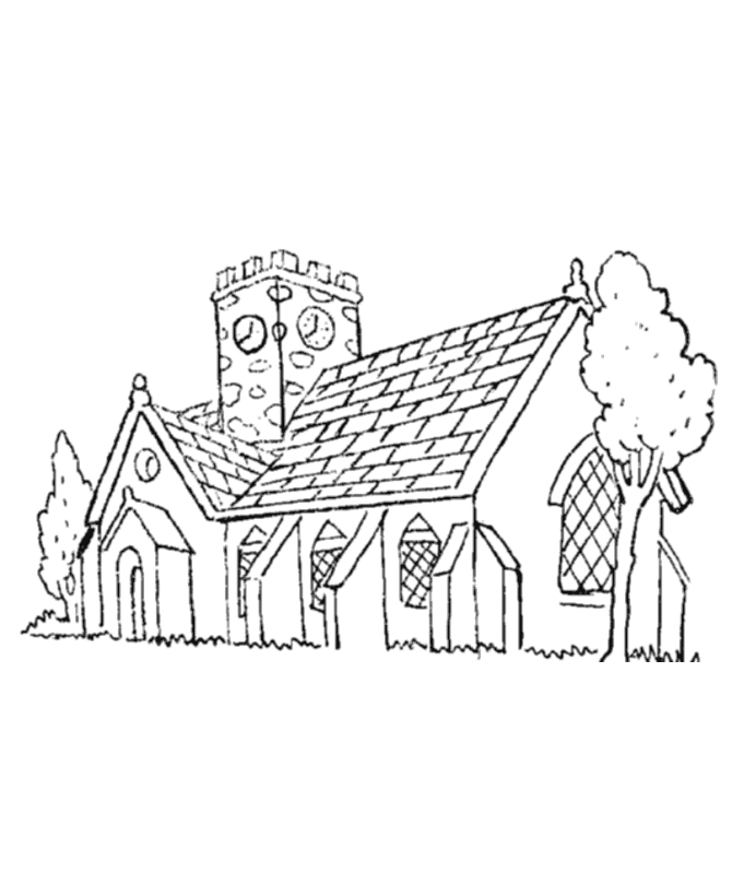 Coloriage d'une église avec son environnement paisible