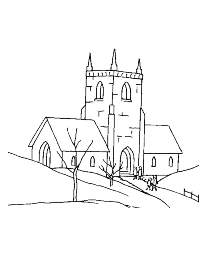 Coloriage d'une église avec son environnement naturel