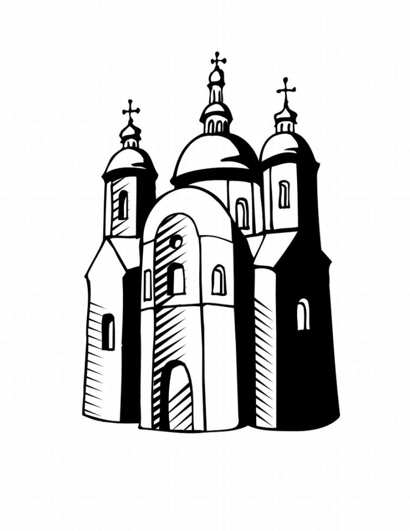 Coloriage d'une église entourée d'arbres et d'un ciel nuageux