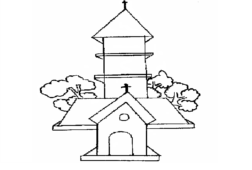 Coloriage d'une église avec son clocher et des arbres environnants